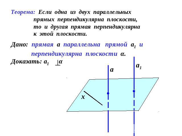 Теорема: Если одна из двух параллельных прямых перпендикулярна плоскости, то и другая прямая перпендикулярна к этой плоскости. Дано: прямая а параллельна прямой а1 и перпендикулярна плоскости α. Доказать: а1 α