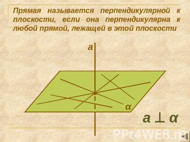 Прямая называется перпендикулярной к плоскости, если она перпендикулярна к любой прямой, лежащей в этой плоскости