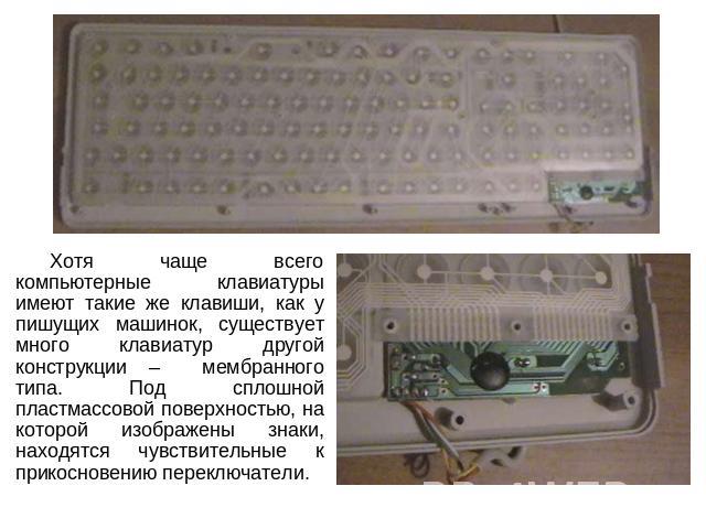 Хотя чаще всего компьютерные клавиатуры имеют такие же клавиши, как у пишущих машинок, существует много клавиатур другой конструкции – мембранного типа. Под сплошной пластмассовой поверхностью, на которой изображены знаки, находятся чувствительные к…