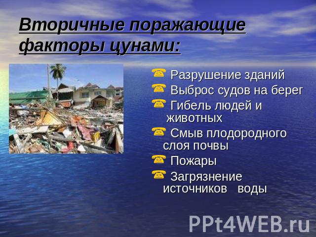Вторичные поражающие факторы цунами: Разрушение зданий Выброс судов на берег Гибель людей и животных Смыв плодородного слоя почвы Пожары Загрязнение источников воды
