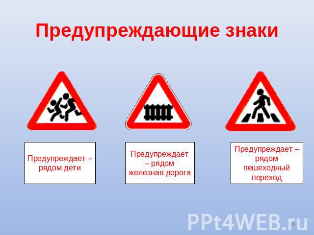 Предупреждающие знаки Предупреждает – рядом дети Предупреждает – рядом железная дорога Предупреждает – рядом пешеходный переход