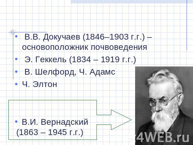 В.В. Докучаев (1846–1903 г.г.) – основоположник почвоведения Э. Геккель (1834 – 1919 г.г.) В. Шелфорд, Ч. Адамс Ч. Элтон В.И. Вернадский (1863 – 1945 г.г.)