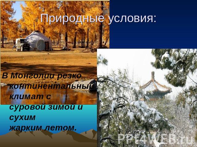 Природные условия: В Монголии резко континентальный климат с суровой зимой и сухим жарким летом.
