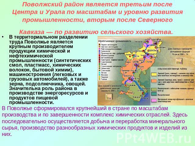 Поволжский район является третьим после Центра и Урала по масштабам и уровню развития промышленности, вторым после Северного Кавказа — по развитию сельского хозяйства. В территориальном разделении труда Поволжье является крупным производителем проду…
