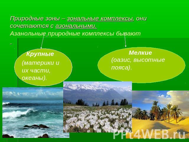 Природные зоны – зональные комплексы, они сочетаются с азональными.Азанольные природные комплексы бывают (материки и их части,океаны). (оазис, высотныепояса).