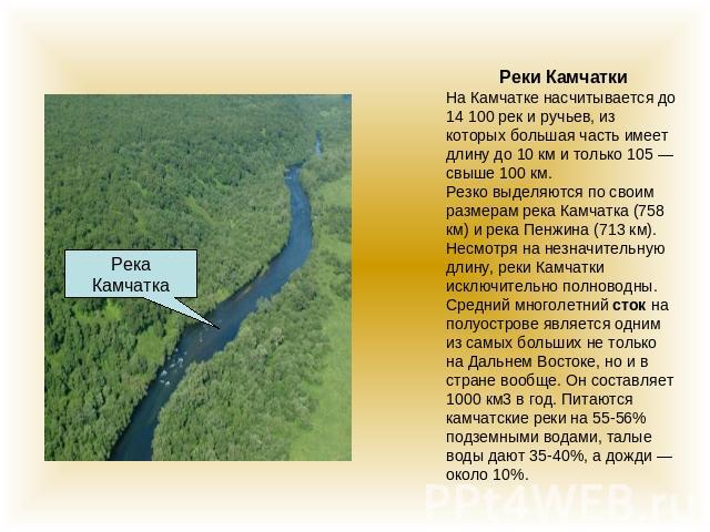Реки КамчаткиНа Камчатке насчитывается до 14 100 рек и ручьев, из которых большая часть имеет длину до 10 км и только 105 — свыше 100 км. Резко выделяются по своим размерам река Камчатка (758 км) и река Пенжина (713 км). Несмотря на незначительную д…