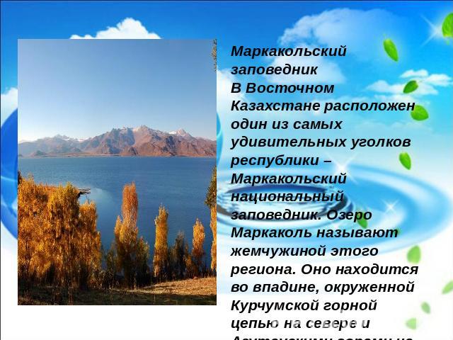 Маркакольский заповедникВ Восточном Казахстане расположен один из самых удивительных уголков республики – Маркакольский национальный заповедник. Озеро Маркаколь называют жемчужиной этого региона. Оно находится во впадине, окруженной Курчумской горно…