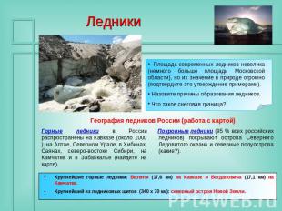 Ледники Площадь современных ледников невелика (немного больше площади Московской