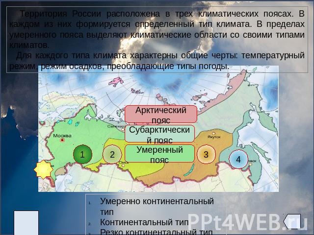 Территория России расположена в трех климатических поясах. В каждом из них формируется определенный тип климата. В пределах умеренного пояса выделяют климатические области со своими типами климатов. Для каждого типа климата характерны общие черты: т…
