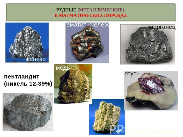 РУДНЫЕ (МЕТАЛЛИЧЕСКИЕ) В МАГМАТИЧЕСКИХ ПОРОДАХ Гематит -железо марганецжелезопентландит(никель 12-39%)медьртутьуран
