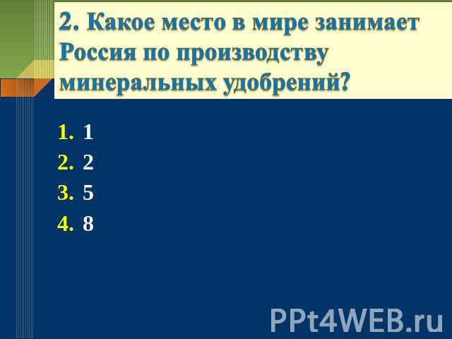2. Какое место в мире занимает Россия по производству минеральных удобрений? 1258