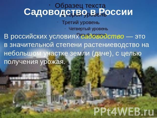Садоводство в России В российских условиях садоводство — это в значительной степени растениеводство на небольшом участке земли (даче), с целью получения урожая.