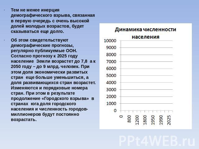 Тем не менее инерция демографического взрыва, связанная в первую очередь с очень высокой долей молодых возрастов, будет сказываться еще долго.Об этом свидетельствуют демографические прогнозы, регулярно публикуемые ООН. Согласно прогнозу к 2025 году …