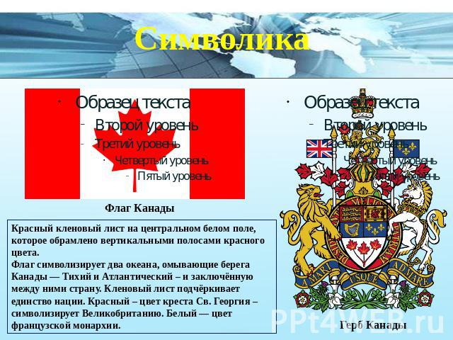 Символика Флаг Канады Красный кленовый лист на центральном белом поле, которое обрамлено вертикальными полосами красного цвета. Флаг символизирует два океана, омывающие берега Канады — Тихий и Атлантический – и заключённую между ними страну. Кленовы…