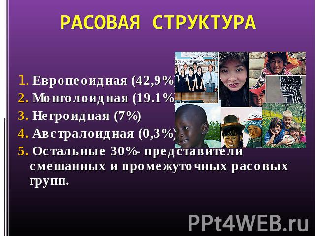 РАСОВАЯ СТРУКТУРА 1. Европеоидная (42,9%)2. Монголоидная (19.1%)3. Негроидная (7%)4. Австралоидная (0,3%)5. Остальные 30%- представители смешанных и промежуточных расовых групп.