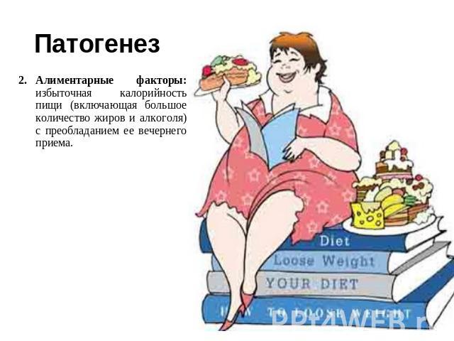 Патогенез Алиментарные факторы: избыточная калорийность пищи (включающая большое количество жиров и алкоголя) с преобладанием ее вечернего приема.