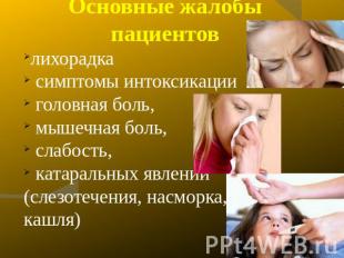 Основные жалобы пациентовлихорадка симптомы интоксикации головная боль, мышечная