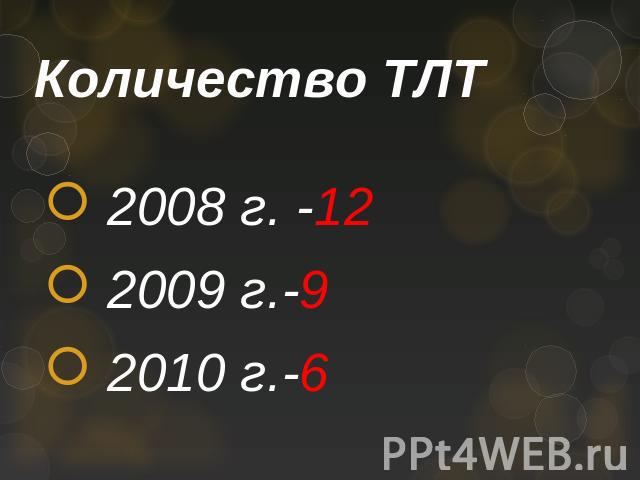 Количество ТЛТ 2008 г. -12 2009 г.-9 2010 г.-6