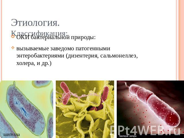 Этиология.Классификация: ОКИ бактериальной природы:вызываемые заведомо патогенными энтеробактериями (дизентерия, сальмонеллез, холера, и др.) шигелла