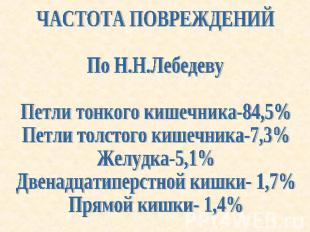 ЧАСТОТА ПОВРЕЖДЕНИЙПо Н.Н.ЛебедевуПетли тонкого кишечника-84,5%Петли толстого ки