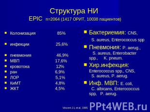 Структура НИ EPIC n=2064 (1417 ОРИТ, 10038 пациентов) Колонизация 85%инфекции 25
