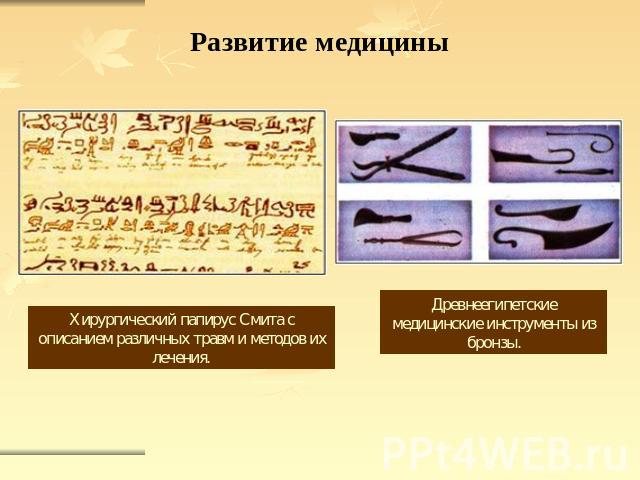 Развитие медицины Хирургический папирус Смита с описанием различных травм и методов их лечения. Древнеегипетские медицинские инструменты из бронзы.
