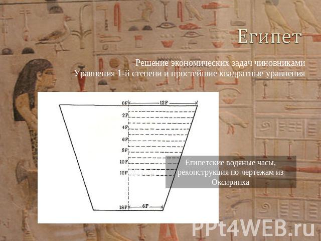 Египет Решение экономических задач чиновникамиУравнения 1-й степени и простейшие квадратные уравнения Египетские водяные часы,реконструкция по чертежам из Оксиринха