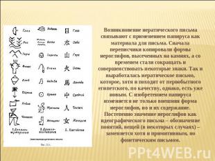 Возникновение иератического письма связывают с применением папируса как материал