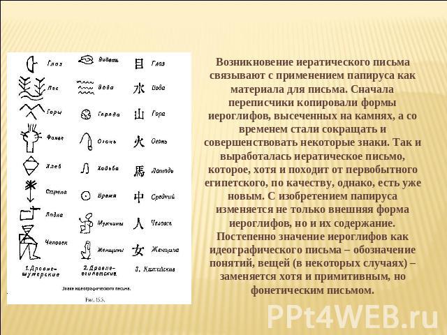 Возникновение иератического письма связывают с применением папируса как материала для письма. Сначала переписчики копировали формы иероглифов, высеченных на камнях, а со временем стали сокращать и совершенствовать некоторые знаки. Так и выработалась…