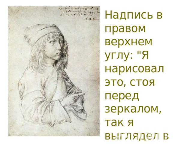 Надпись в правом верхнем углу: "Я нарисовал это, стоя перед зеркалом, так я выглядел в 1484 г, когда был ребенком"