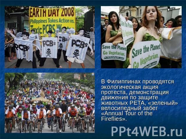 В Филиппинах проводятся экологическая акция протеста, демонстрация движения по защите животных PETA, «зеленый» велосипедный забег «Annual Tour of the Fireflies».