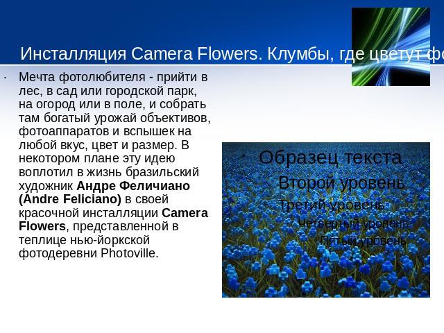 Инсталляция Camera Flowers. Клумбы, где цветут фотокамеры    Мечта фотолюбителя - прийти в лес, в сад или городской парк, на огород или в поле, и собрать там богатый урожай объективов, фотоаппаратов и вспышек на любой вкус, цвет и размер. В некоторо…