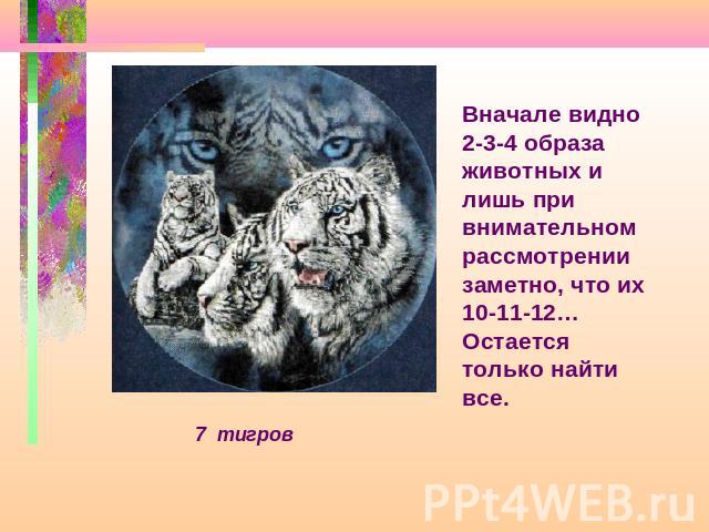 Вначале видно 2-3-4 образа животных и лишь при внимательном рассмотрении заметно, что их 10-11-12… Остается только найти все. 7 тигров