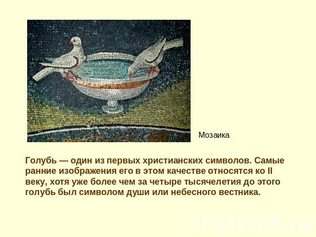 Мозаика Голубь — один из первых христианских символов. Самые ранние изображения его в этом качестве относятся ко II веку, хотя уже более чем за четыре тысячелетия до этого голубь был символом души или небесного вестника.