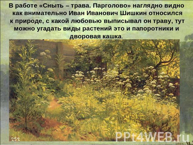 В работе «Сныть – трава. Парголово» наглядно видно как внимательно Иван Иванович Шишкин относился к природе, с какой любовью выписывал он траву, тут можно угадать виды растений это и папоротники и дворовая кашка.