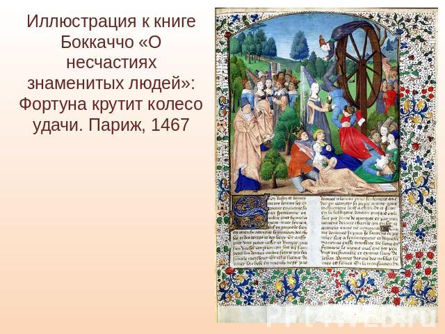 Иллюстрация к книге Боккаччо «О несчастиях знаменитых людей»: Фортуна крутит колесо удачи. Париж, 1467