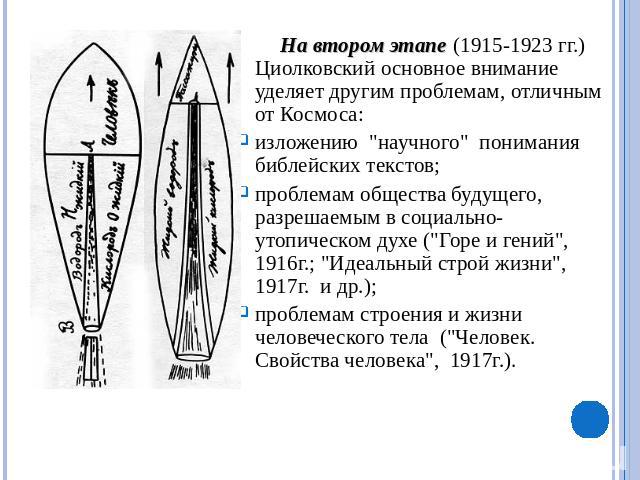 На втором этапе (1915-1923 гг.) Циолковский основное внимание уделяет другим проблемам, отличным от Космоса: изложению 