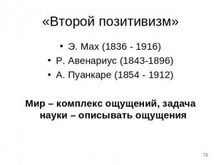 «Второй позитивизм» Э. Мах (1836 - 1916)Р. Авенариус (1843-1896)А. Пуанкаре (185