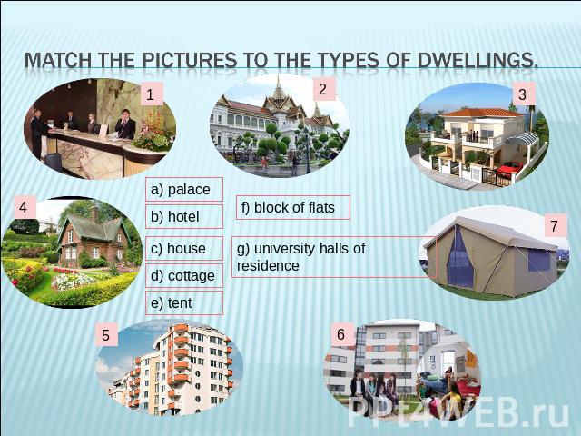 Match the pictures to the types of dwellings.