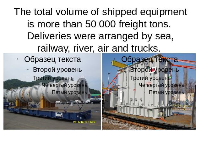 The total volume of shipped equipment is more than 50 000 freight tons. Deliveries were arranged by sea, railway, river, air and trucks.