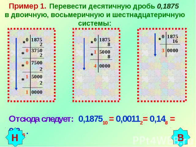 Пример 1. Перевести десятичную дробь 0,1875 в двоичную, восьмеричную и шестнадцатеричную системы:Отсюда следует: 0,187510 = 0,00112= 0,148 = 0,316 .