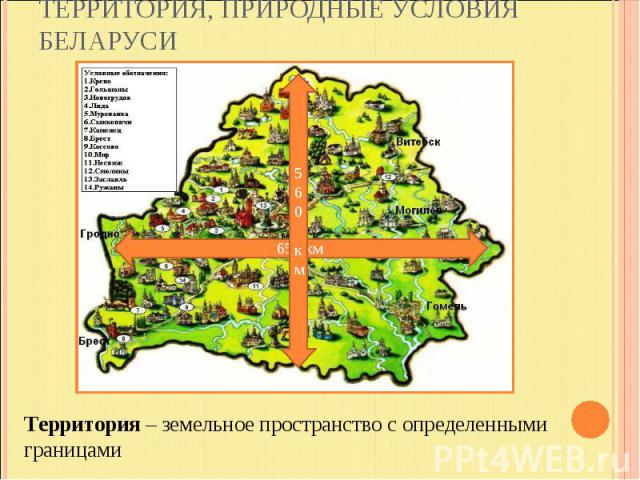 Территория, природные условия Беларуси Территория – земельное пространство с определенными границами