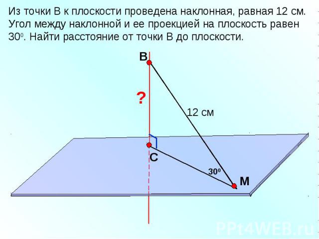 Из точки В к плоскости проведена наклонная, равная 12 см. Угол между наклонной и ее проекцией на плоскость равен 300. Найти расстояние от точки В до плоскости.