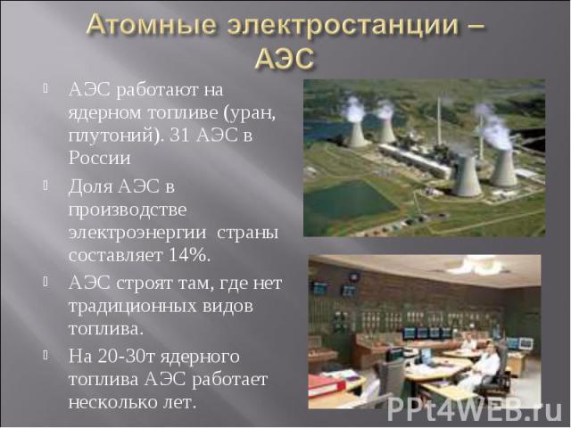 Атомные электростанции – АЭС АЭС работают на ядерном топливе (уран, плутоний). 31 АЭС в РоссииДоля АЭС в производстве электроэнергии страны составляет 14%.АЭС строят там, где нет традиционных видов топлива.На 20-30т ядерного топлива АЭС работает нес…