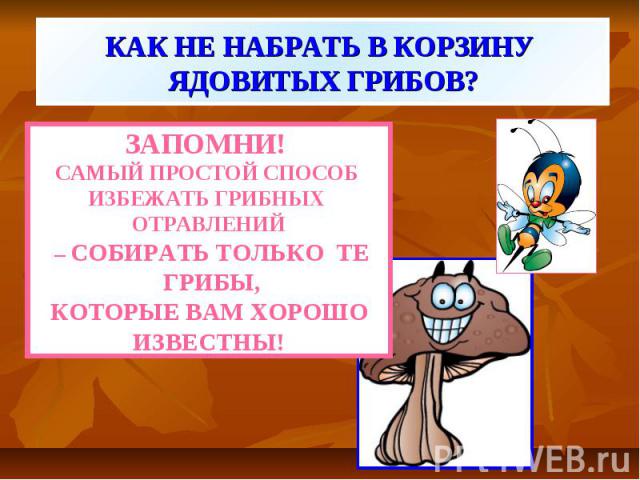 КАК НЕ НАБРАТЬ В КОРЗИНУ ЯДОВИТЫХ ГРИБОВ? ЗАПОМНИ! САМЫЙ ПРОСТОЙ СПОСОБ ИЗБЕЖАТЬ ГРИБНЫХ ОТРАВЛЕНИЙ – СОБИРАТЬ ТОЛЬКО ТЕ ГРИБЫ,КОТОРЫЕ ВАМ ХОРОШОИЗВЕСТНЫ!