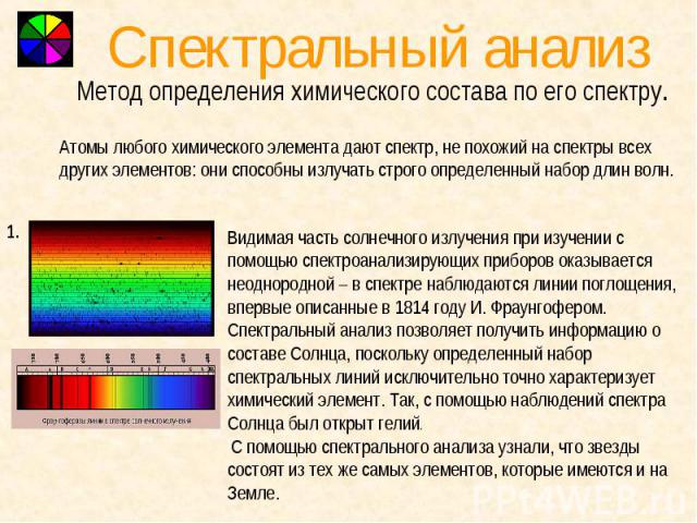 Спектральный анализ Метод определения химического состава по его спектру. Атомы любого химического элемента дают спектр, не похожий на спектры всех других элементов: они способны излучать строго определенный набор длин волн.Видимая часть солнечного …