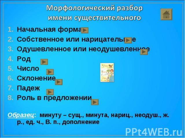 Морфологический разбор имени существительного Начальная формаСобственное или нарицательноеОдушевленное или неодушевленноеРод ЧислоСклонениеПадежРоль в предложенииОбразец: минуту – сущ., минута, нариц., неодуш., ж. р., ед. ч., В. п., дополнение