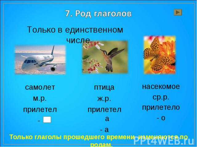 7. Род глаголов Только в единственном числеТолько глаголы прошедшего времени изменяются по родам.