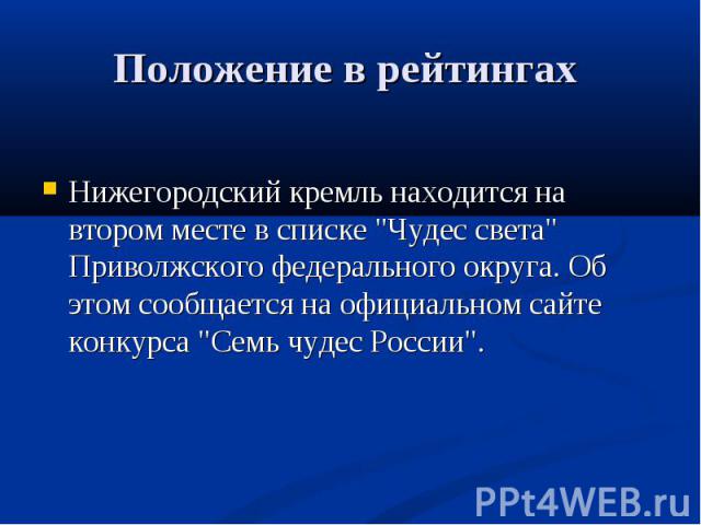 Положение в рейтингах Нижегородский кремль находится на втором месте в списке 
