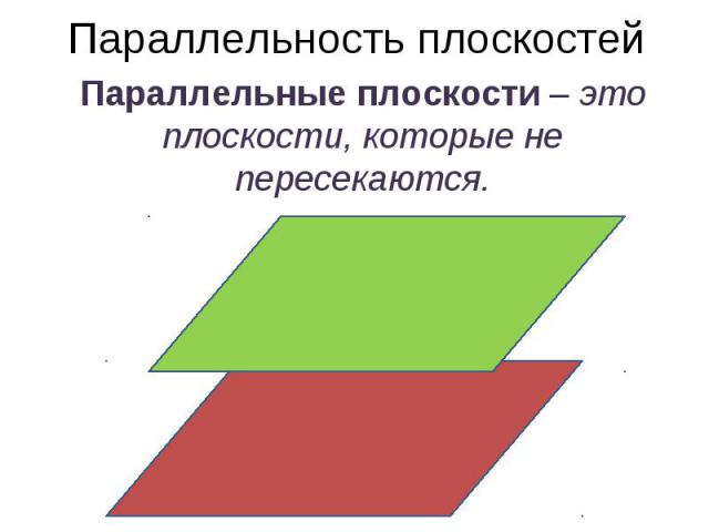 Параллельность плоскостей Параллельные плоскости – это плоскости, которые не пересекаются.